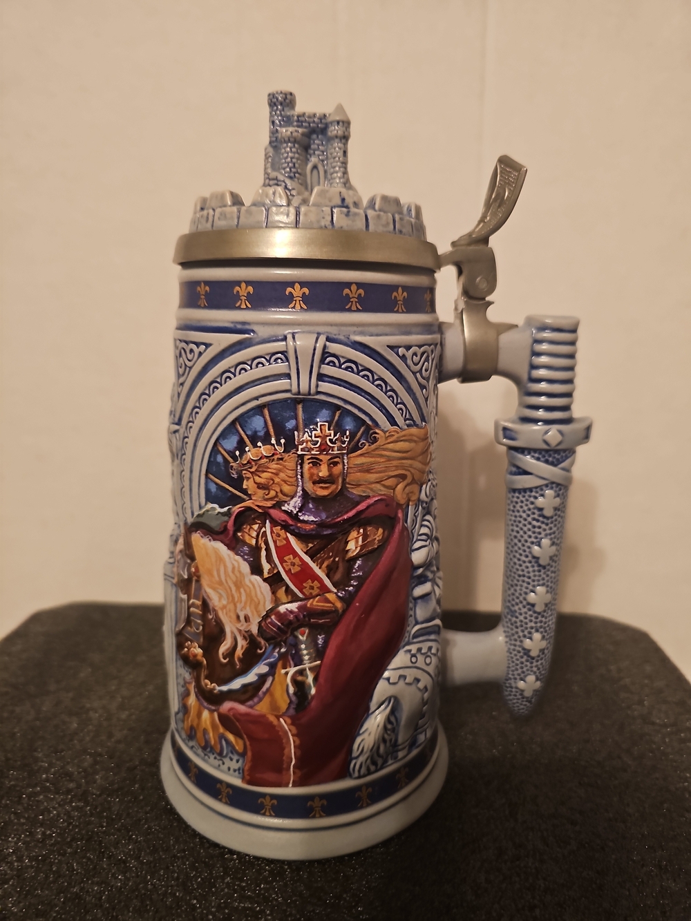 Avon Blue and Maroon King Motif Ceramic Stein with Castle Lid